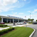 Palm Beach International Airport exterior view showing the modern architecture and landscaping.