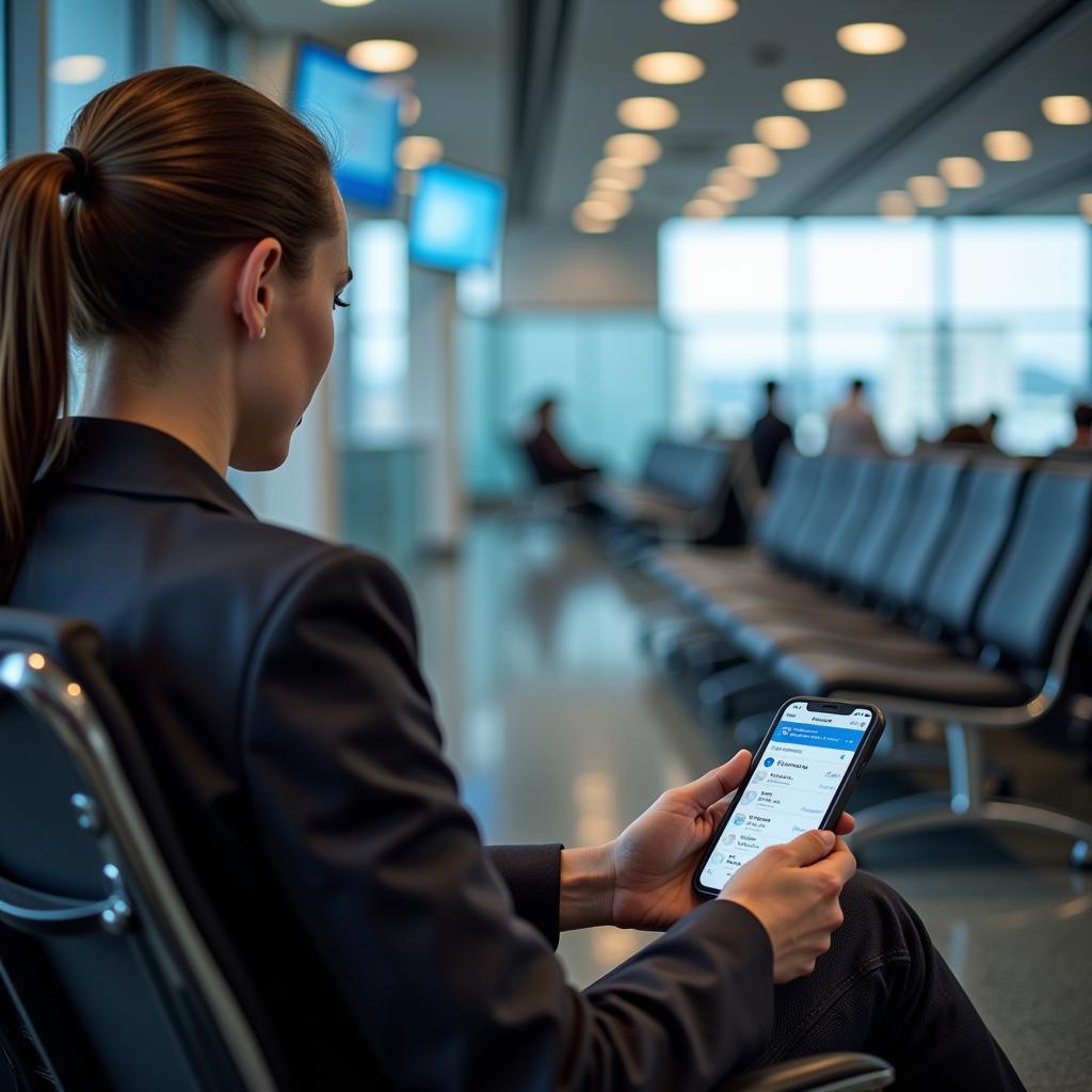 Passenger checking flight information on a mobile phone