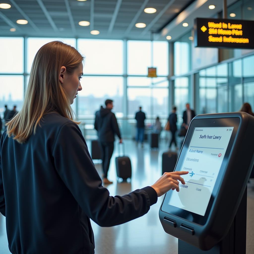 A passenger uses a self-service kiosk to check in for their flight at a busy airport terminal.