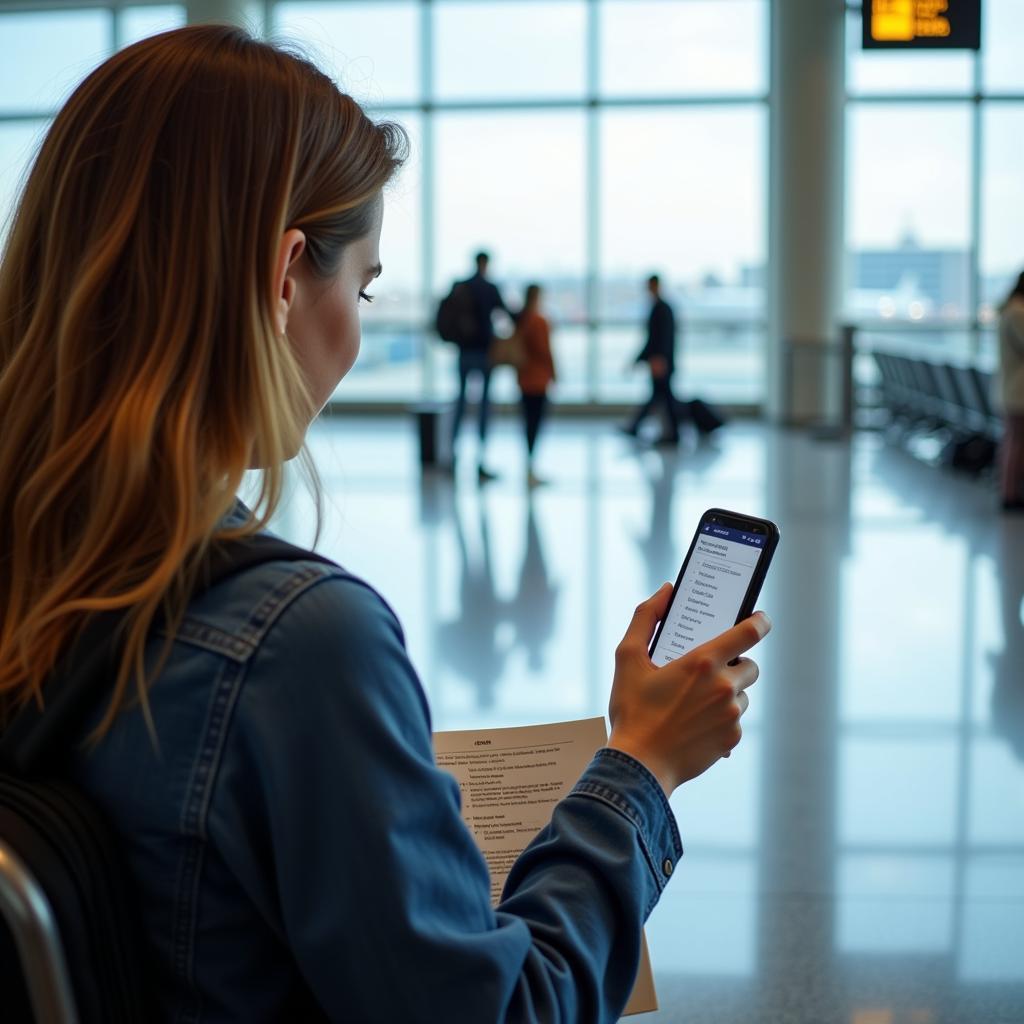 Passenger checking travel documents on their phone at the airport.