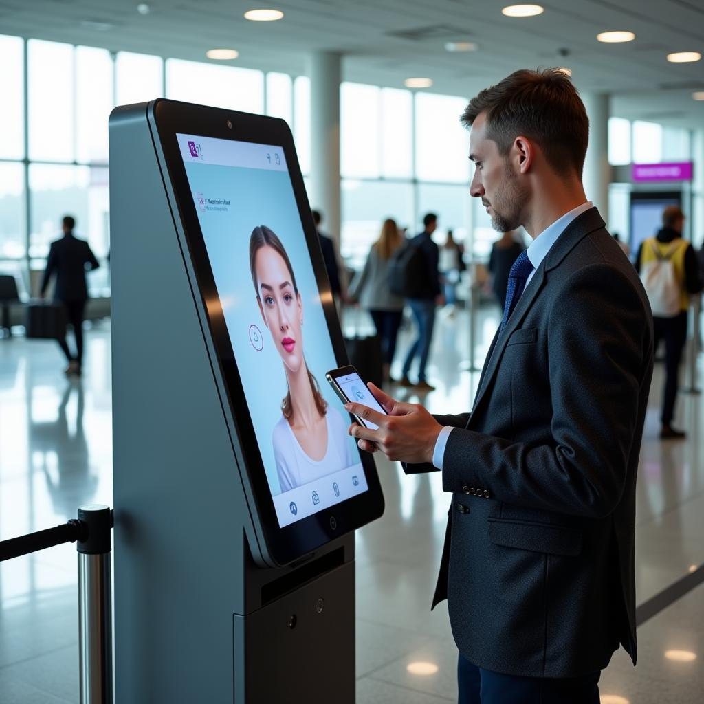 Passenger using HBS kiosk for self-check-in at the airport