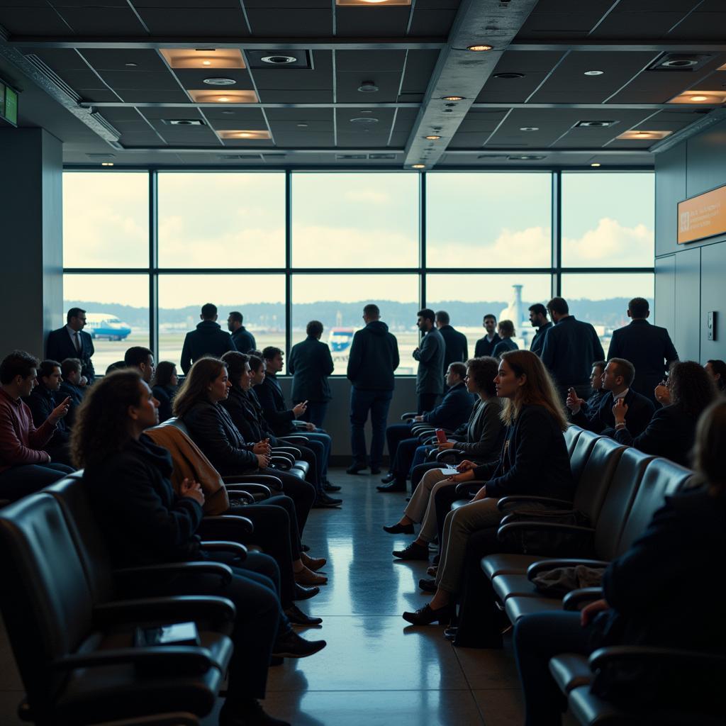 Passengers Waiting at Airport Gate During a Flight Delay