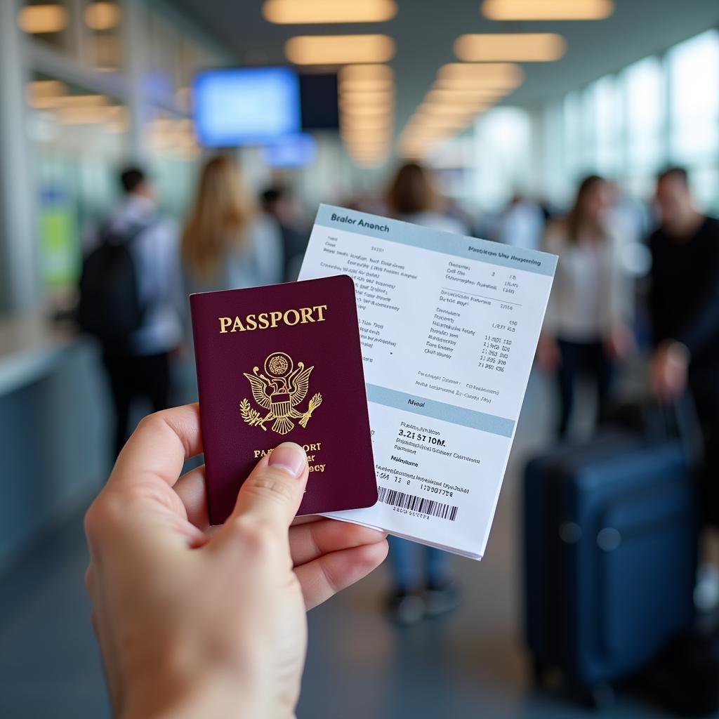 Passenger holding passport and boarding pass at airport check-in counter