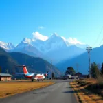 Pokhara Airport in Nepal with surrounding mountains