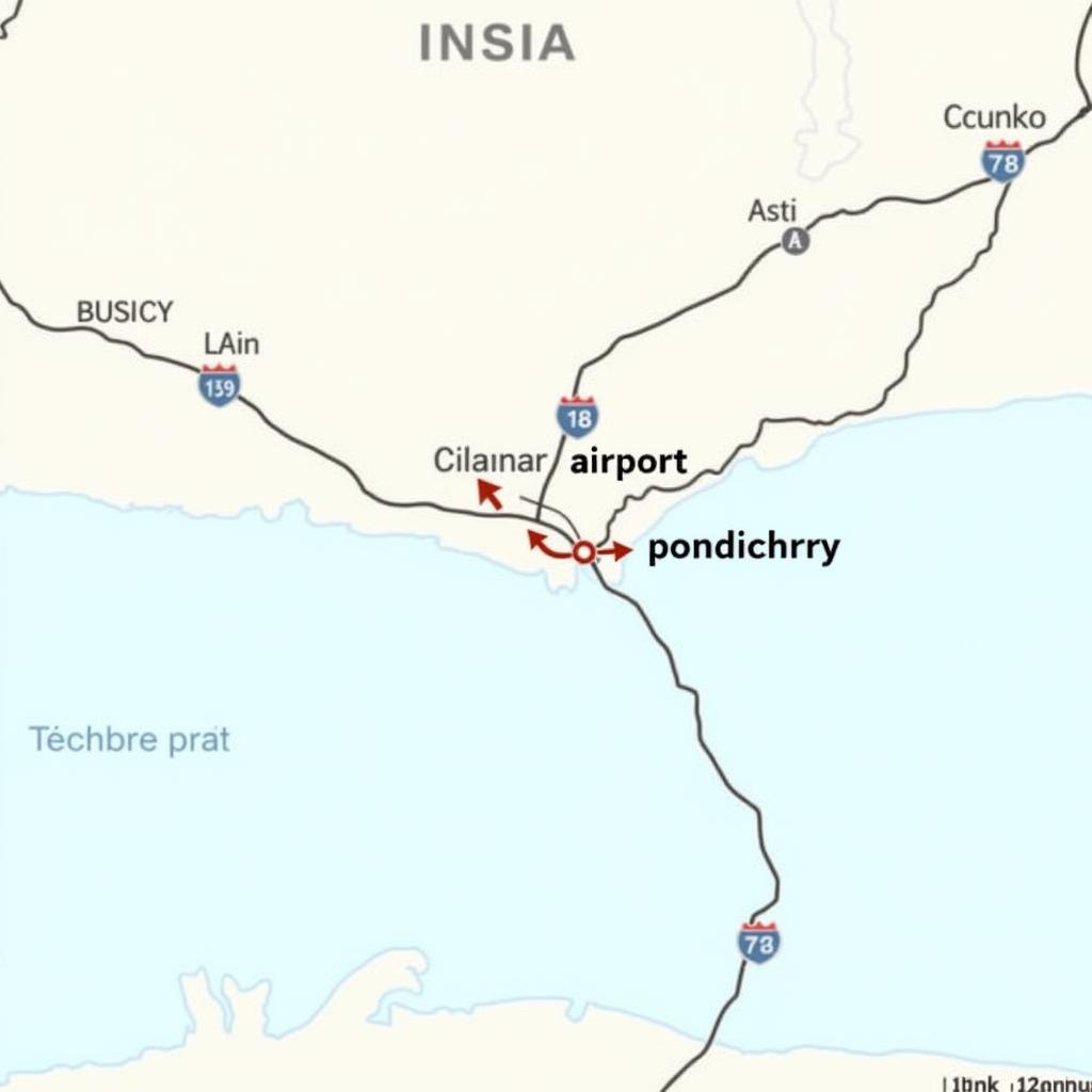 Map showing the route from Pondicherry to Chennai Airport