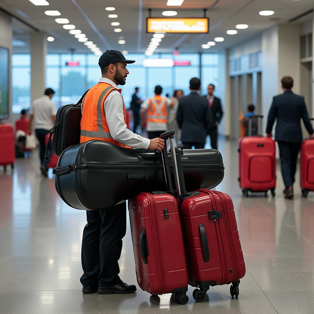 Porter Handling Oversized Luggage at Bangalore Airport