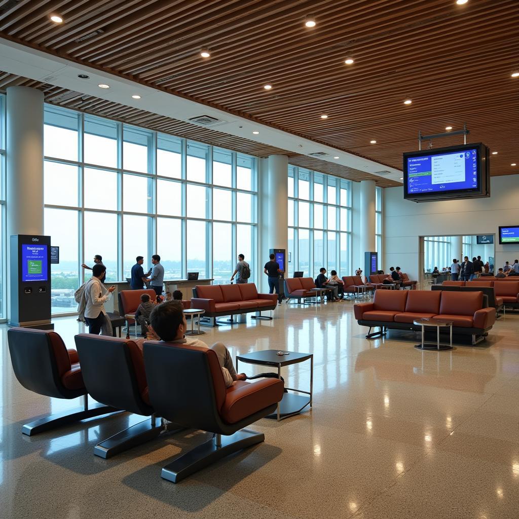 Modern and spacious departure lounge of Prayagraj Airport with comfortable seating and amenities.