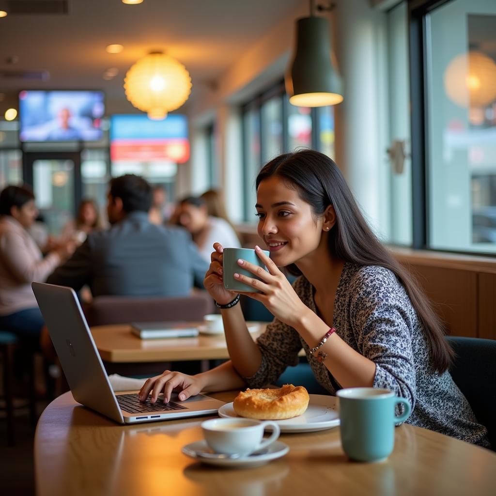 A traveler enjoying a coffee at a Pune Airport cafe