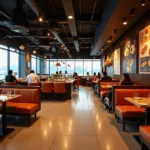 Modern and spacious interior of a restaurant at Pune Airport