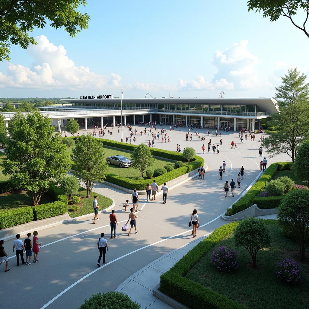 Siem Reap International Airport in Cambodia, bustling with activity, showcasing its modern architecture and tropical surroundings.