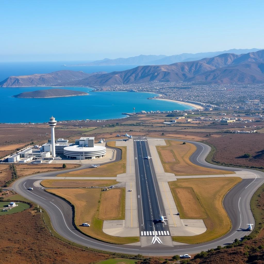 Rhodes Airport Aerial View - Panoramic view of Rhodes International Airport with planes on the tarmac and the surrounding landscape.