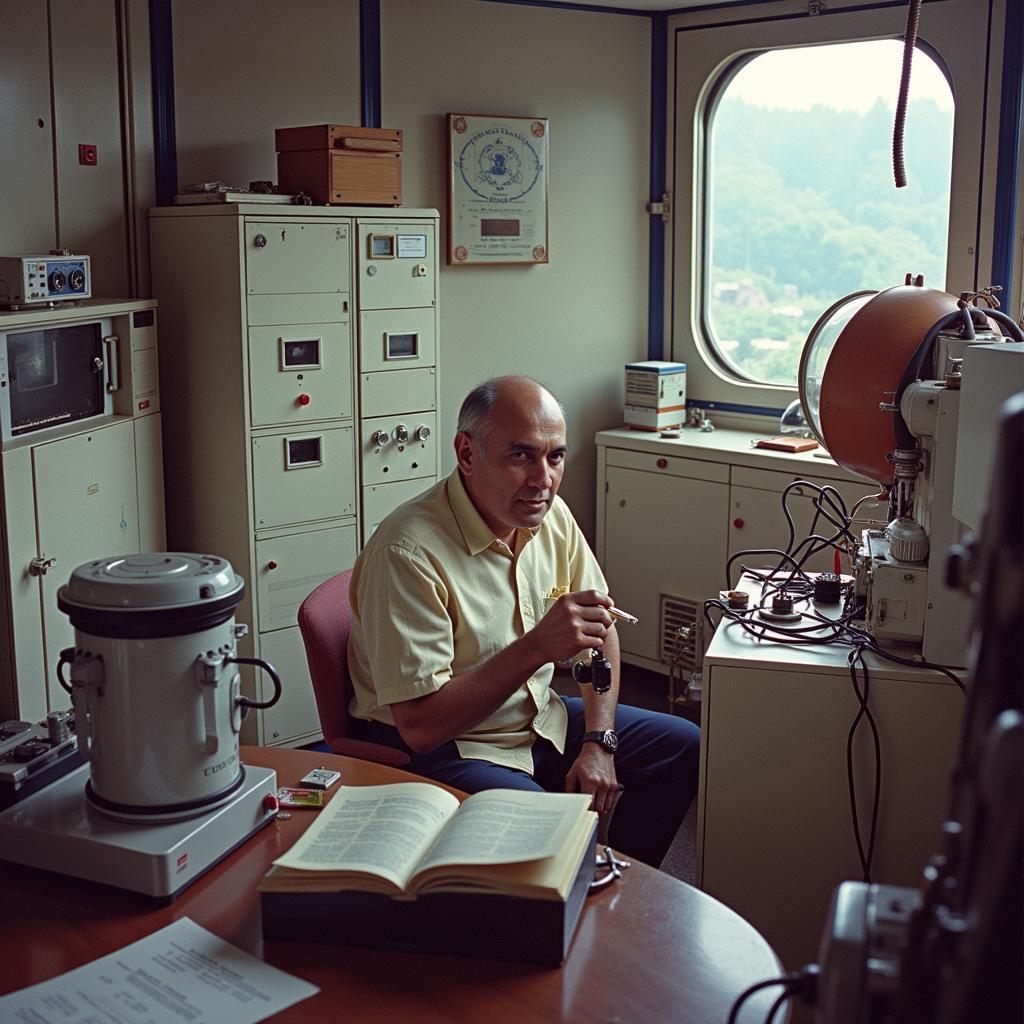 Rakesh Sharma performing scientific experiments aboard the Salyut 7 space station