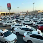 Taxi rank at Sharjah Airport showing various taxis waiting for passengers.