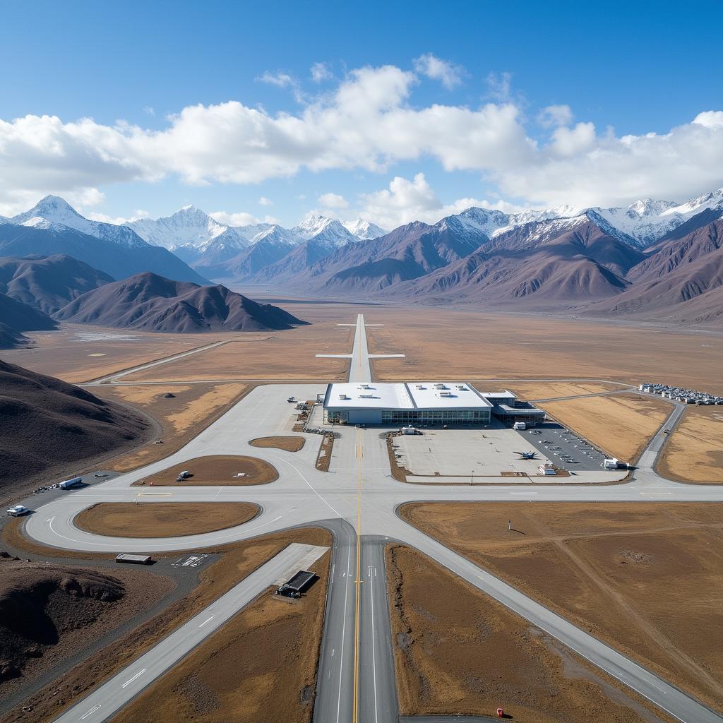 Aerial view of Shigatse Peace Airport, showing the runway and surrounding landscape.