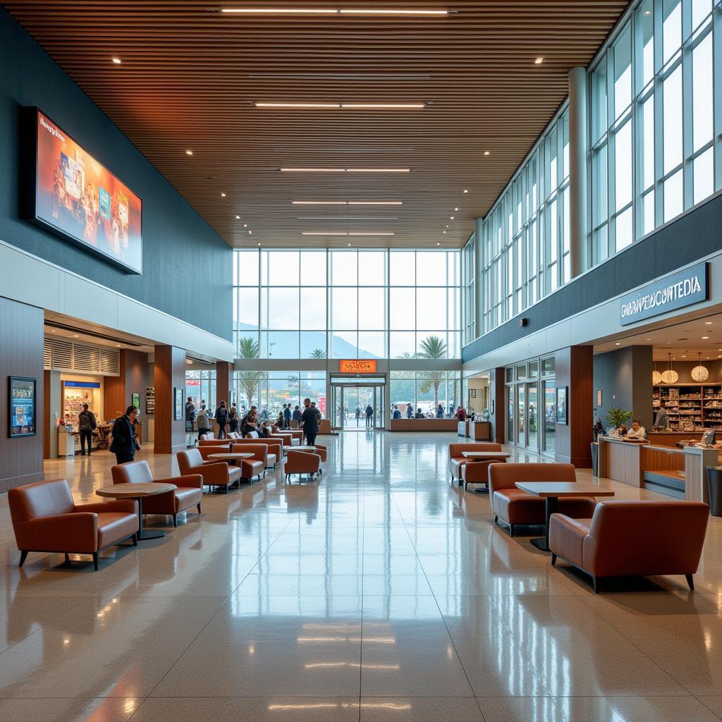 Inside the Shigatse Peace Airport terminal, showing waiting areas and amenities.