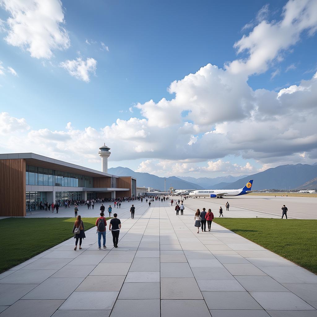 Shigatse Peace Airport terminal building with passengers and airplanes.