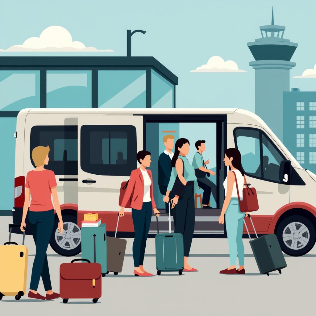 Six people using a ride-sharing service for airport transportation