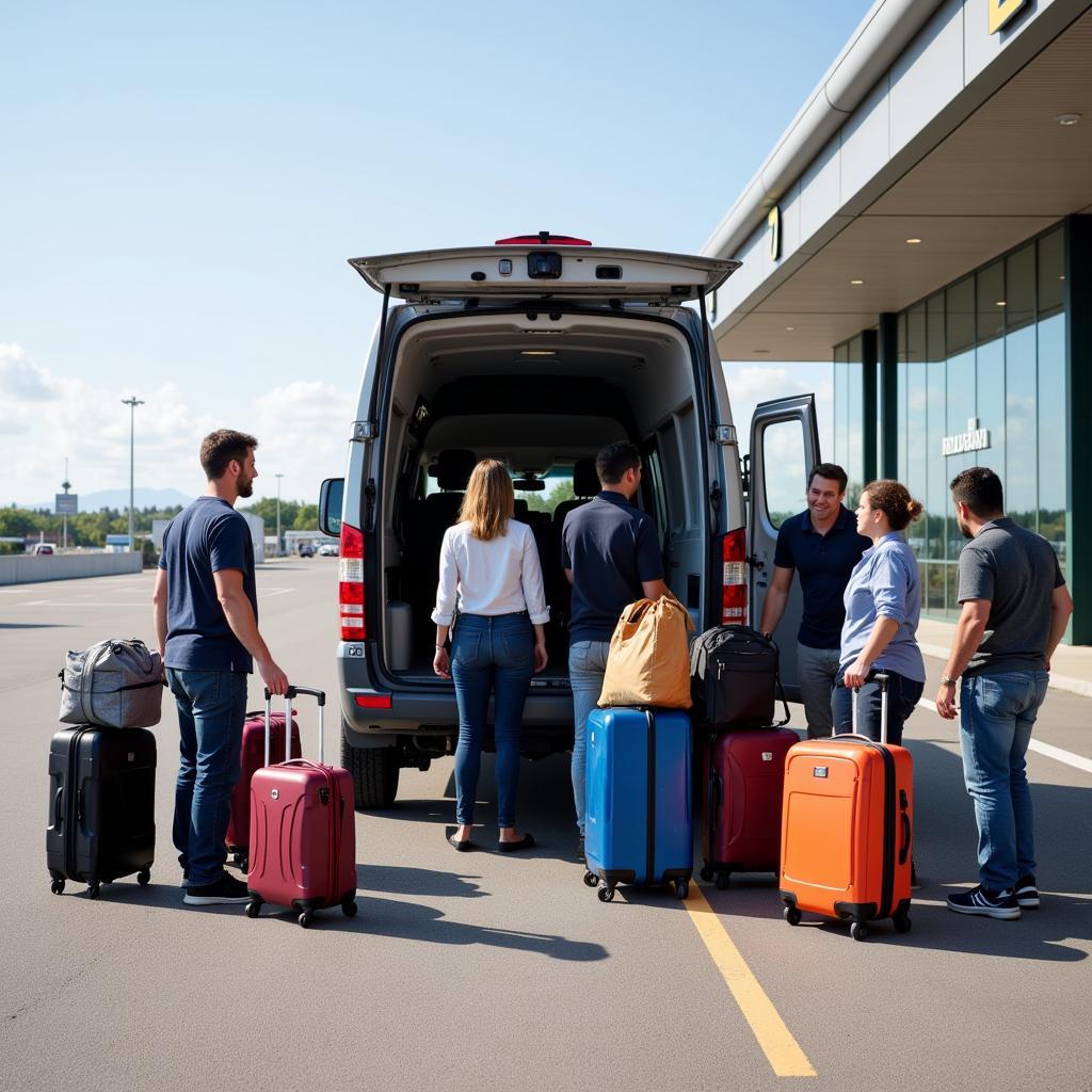 A group of six people loading luggage into a rental van at the airport