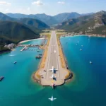 Aerial view of Skiathos Airport runway with planes landing and the sea in the background