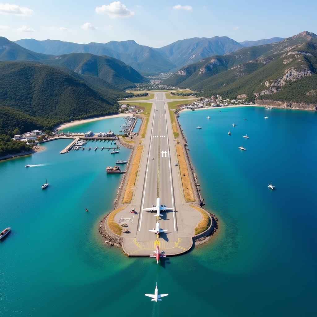 Aerial view of Skiathos Airport runway with planes landing and the sea in the background