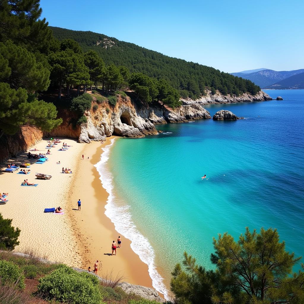 Kukunaries Beach Skiathos with clear water and pine trees