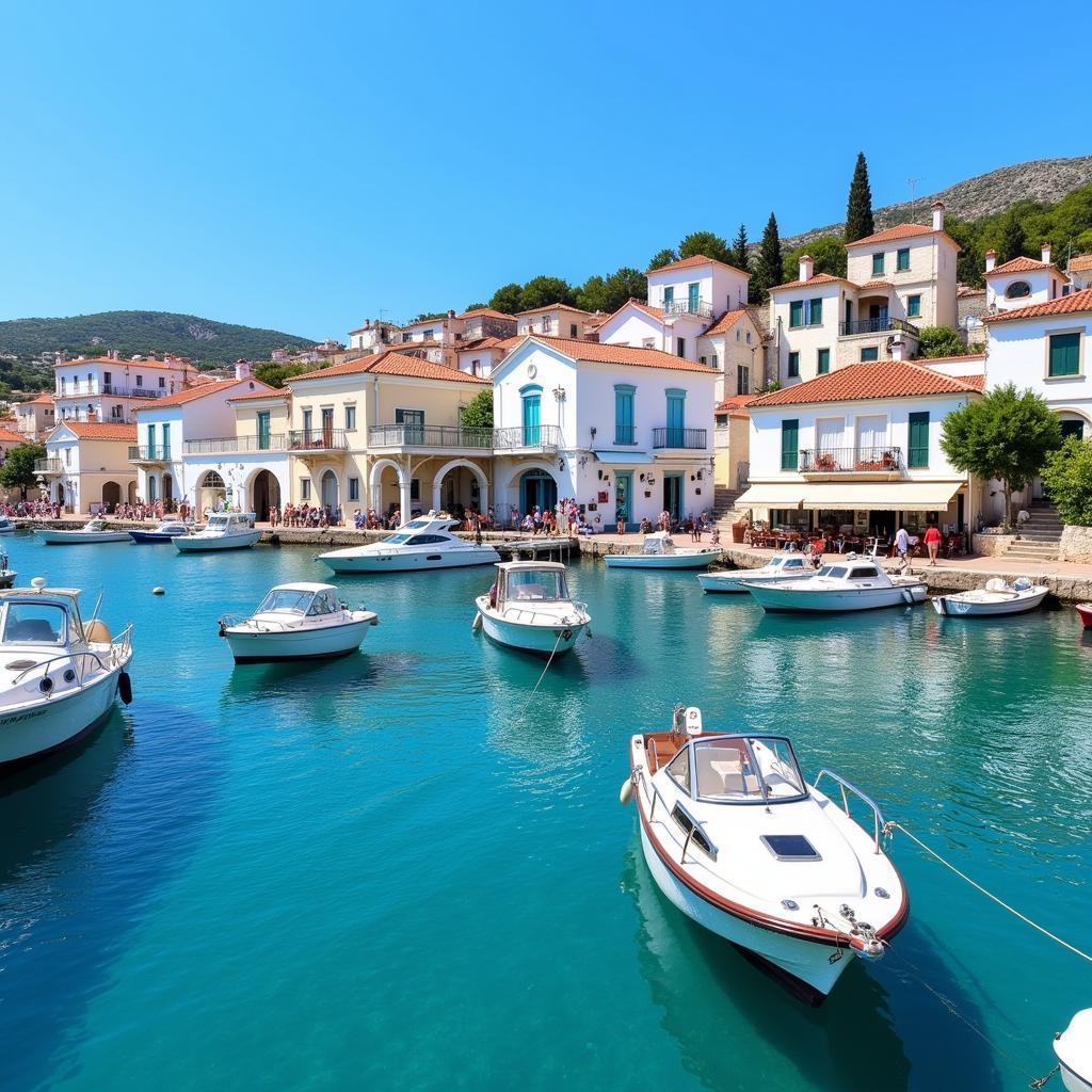 Skiathos Town harbour with traditional Greek houses and boats