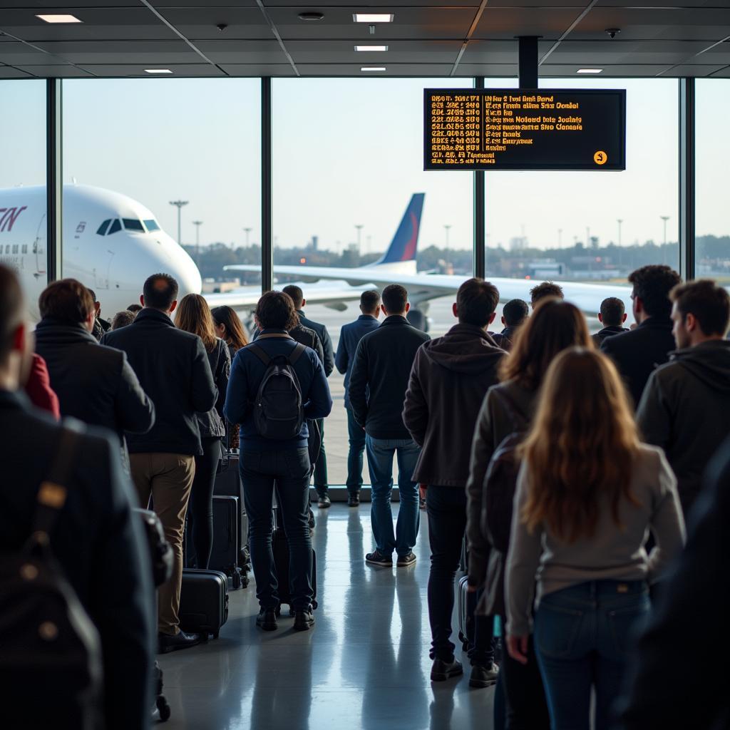 Frustrated passengers waiting for information about their delayed flight.