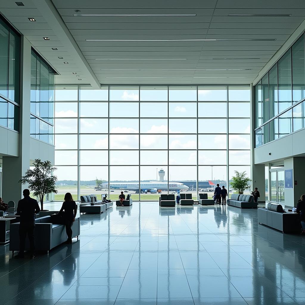 Modern airport architecture with abundant natural light illuminating the spacious interior.