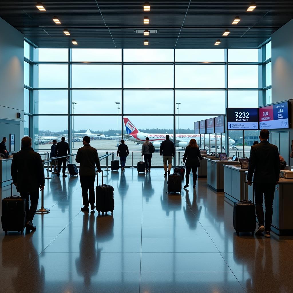 An overview of a bustling T3 airport terminal with passengers moving through check-in, security, and towards the gates