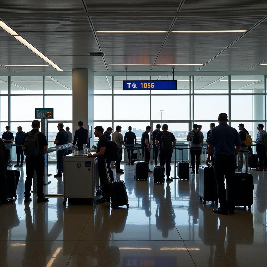 T3 International Airport Security Checkpoint: Passengers going through security check at a busy T3 International Airport terminal.