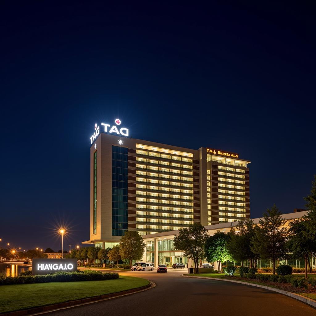 Exterior view of the Taj Bangalore International Airport Hotel at night, showcasing its modern architecture and illuminated facade.