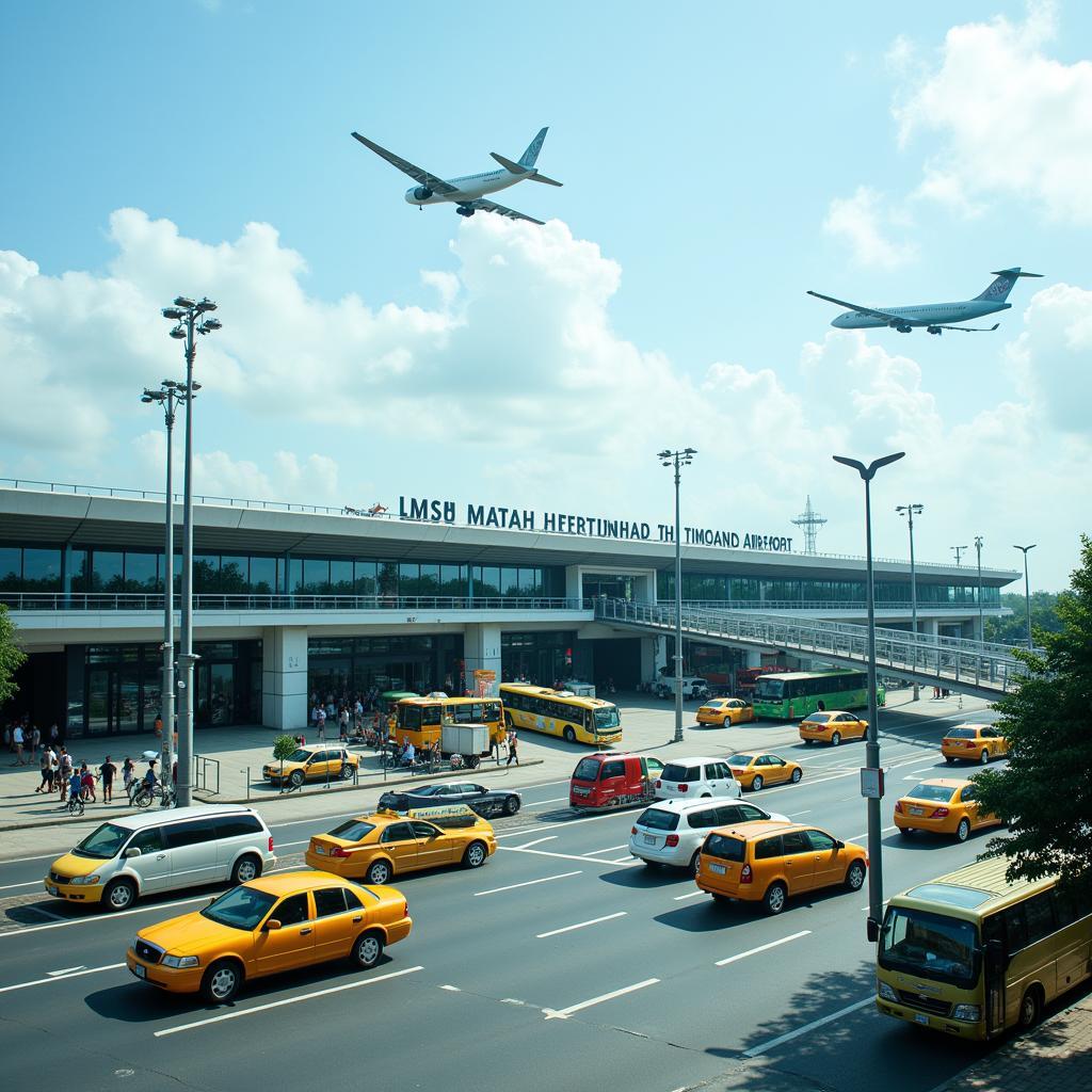 Exterior view of Tan Son Nhat International Airport, showing the modern architecture and busy activity of Vietnam's largest airport.