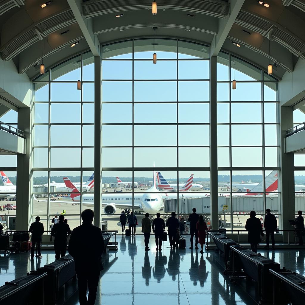 Washington National Airport terminal with bustling passengers and planes.