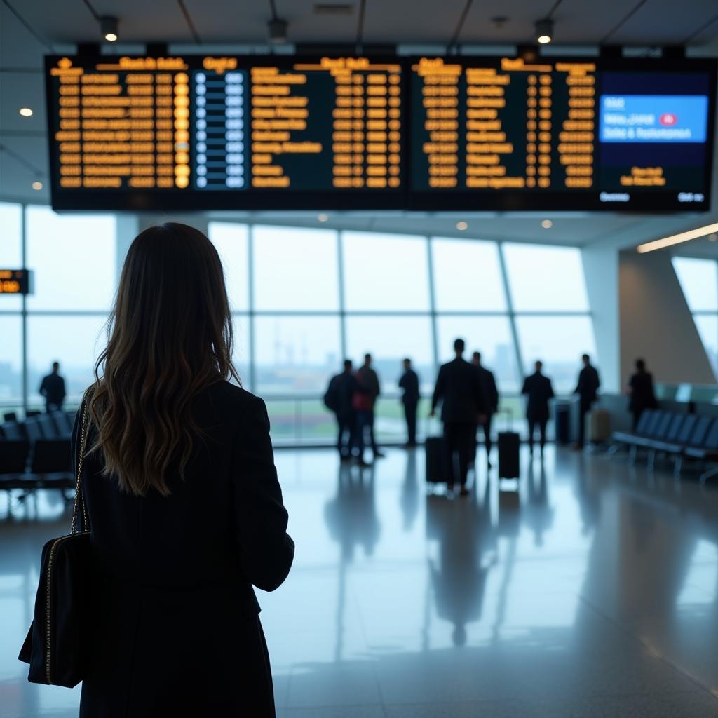 Woman checks airport departure board for flight information