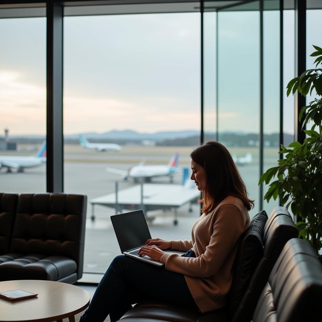 Woman works on laptop in a quiet airport lounge