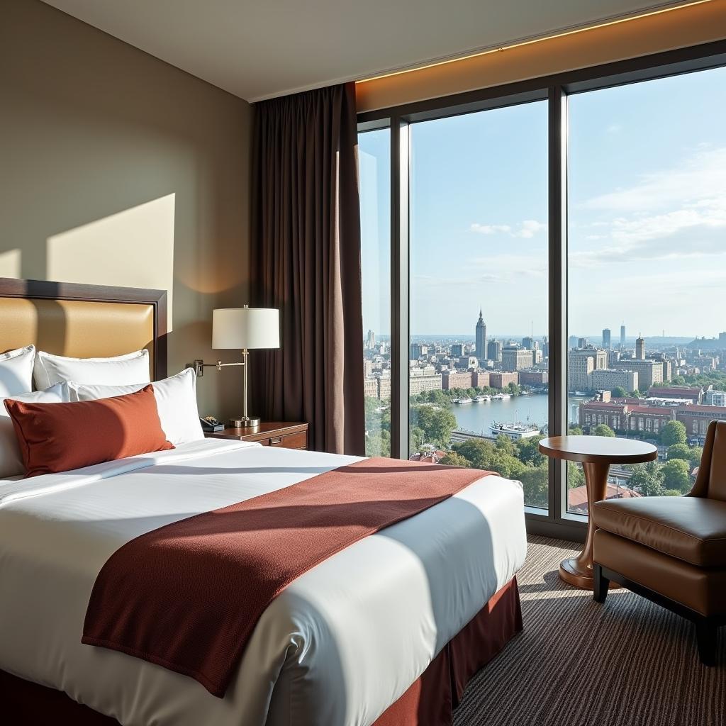 Modern and comfortable guest room in a Zurich airport hotel with city views.