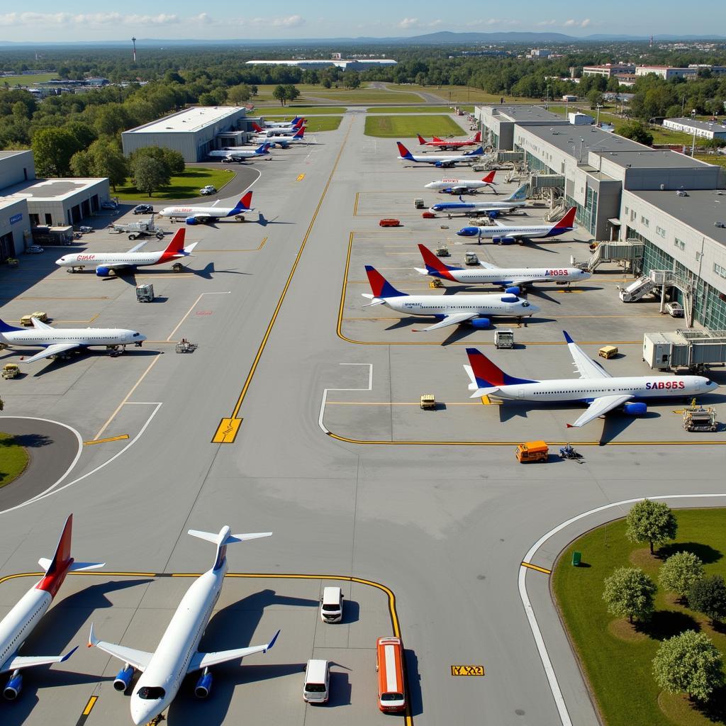 Example layout of a 1:400 scale airport with terminal buildings, runways, and aircraft.