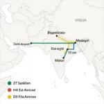 Map showing route options from 133004 to Delhi Airport