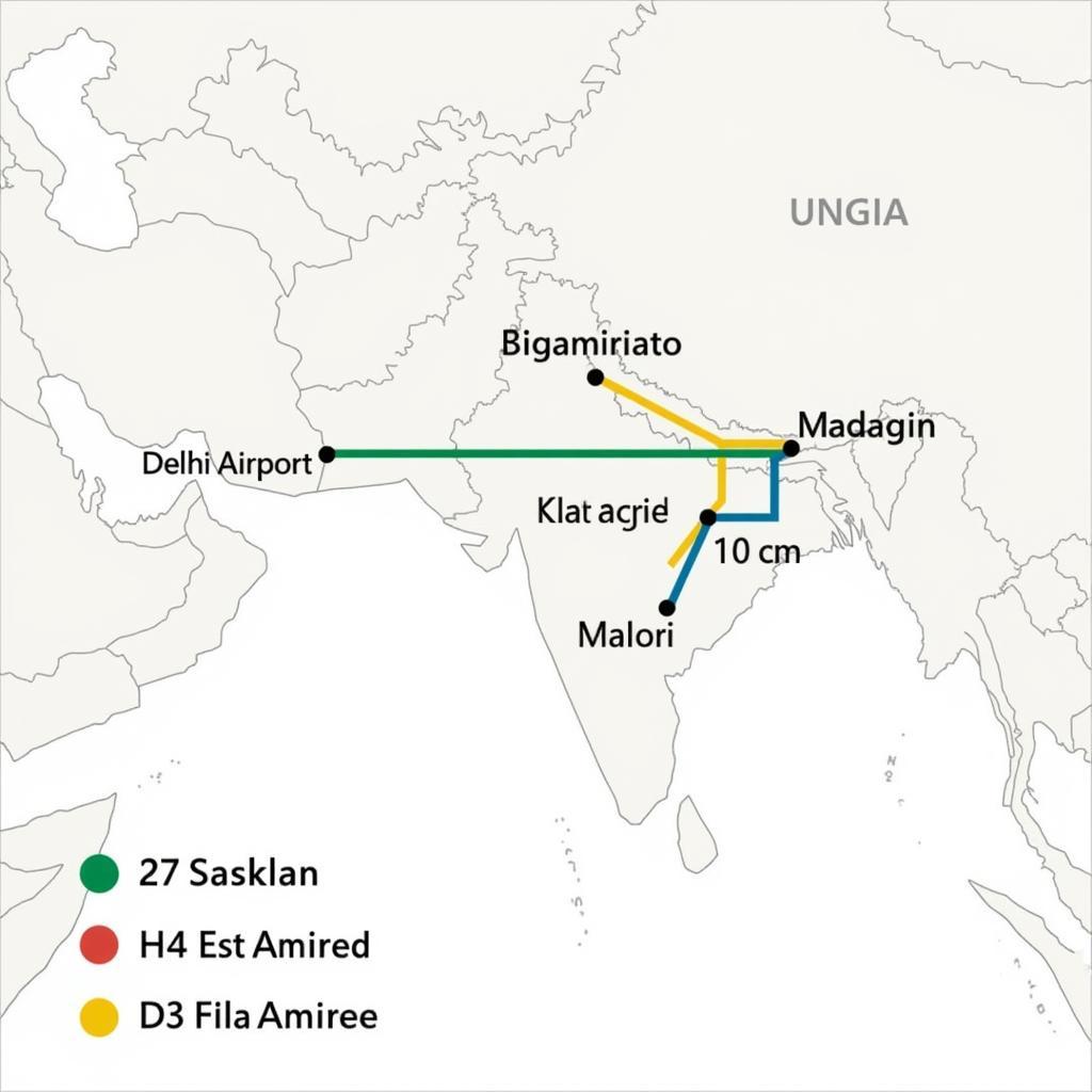 Map showing route options from 133004 to Delhi Airport