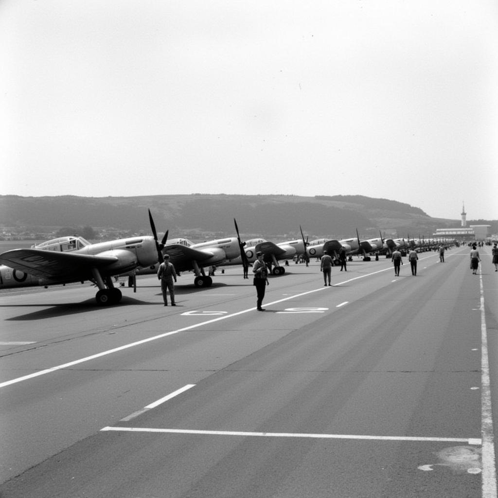 Aberporth Airport During WWII: A historical photograph of Aberporth Airport during its time as an RAF base in World War II, showing aircraft and personnel.