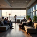 Passengers relaxing in an Abu Dhabi airport lounge with Mastercard access