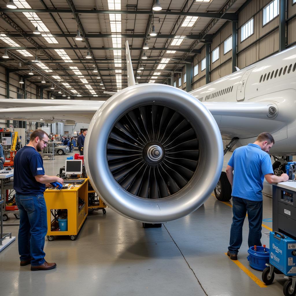 Aircraft MRO facility at Airport Oaks, Auckland, with technicians working on an aircraft engine.