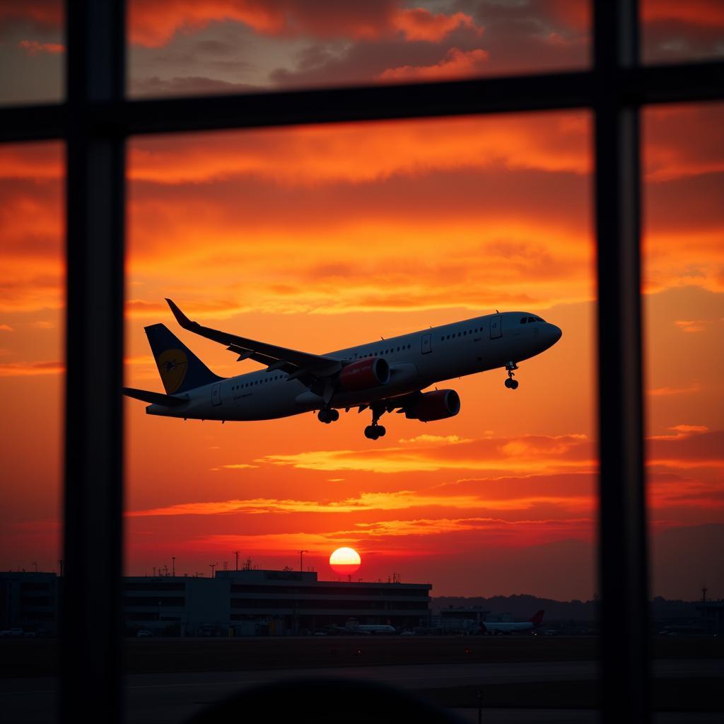 An airplane taking off at sunset viewed through an airport window