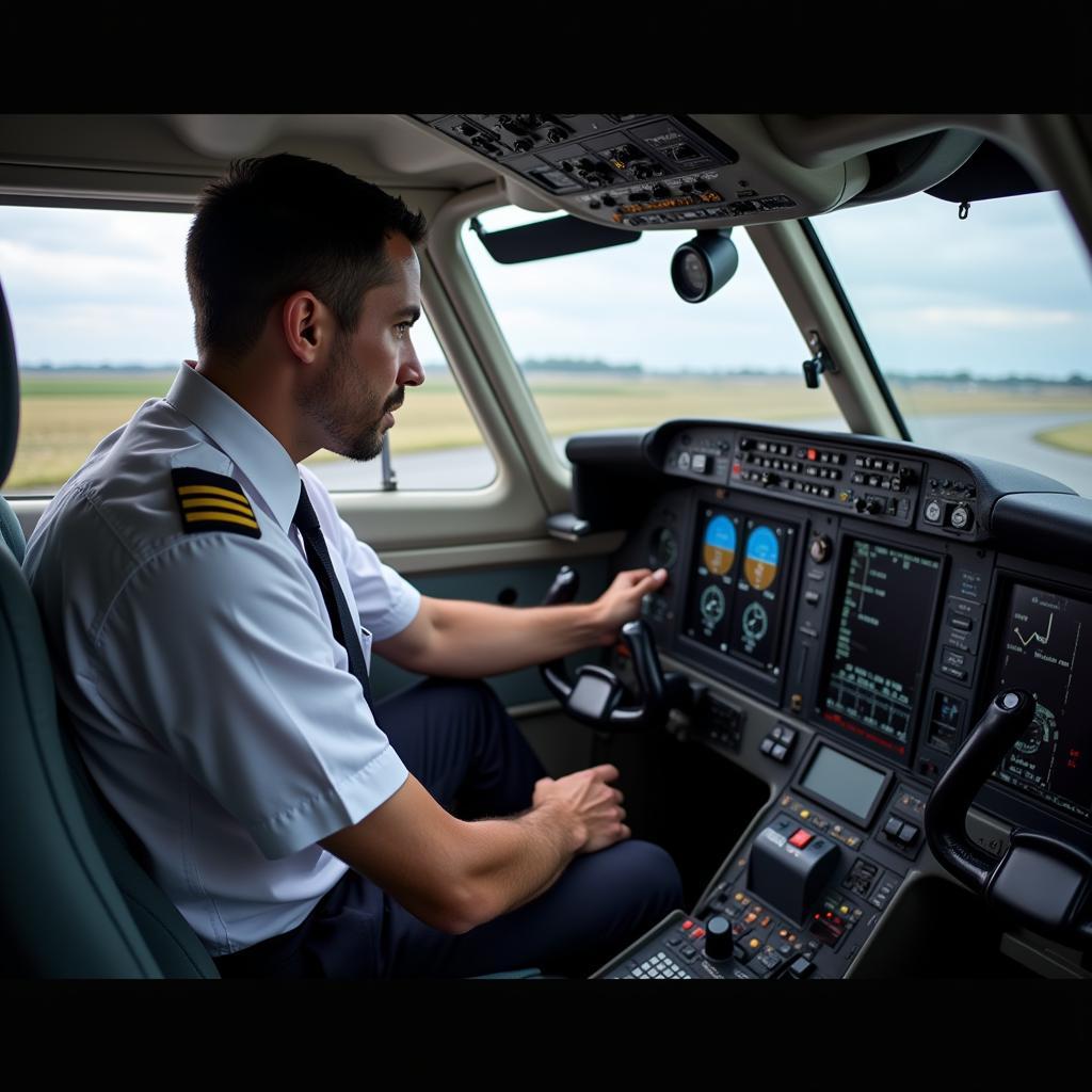 Airport Airline Jobs - Pilot in Cockpit Preparing for Takeoff