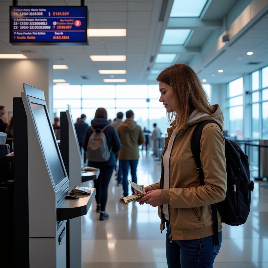 Traveler exchanging currency at an airport kiosk