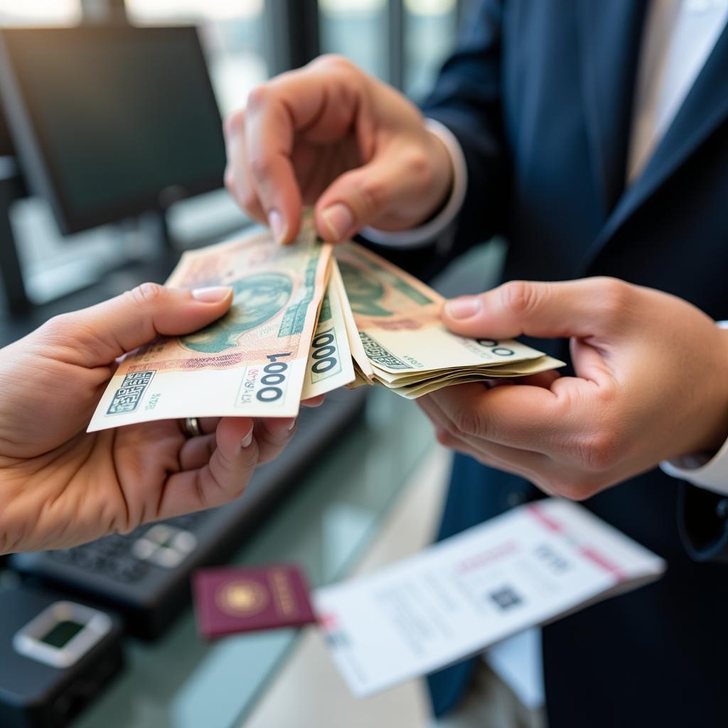 Close-up of a currency exchange transaction