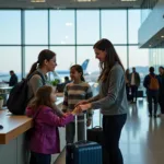 An airport customer service executive assists passengers with their inquiries.