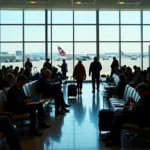 Busy travelers in an airport departure lounge waiting for their flights