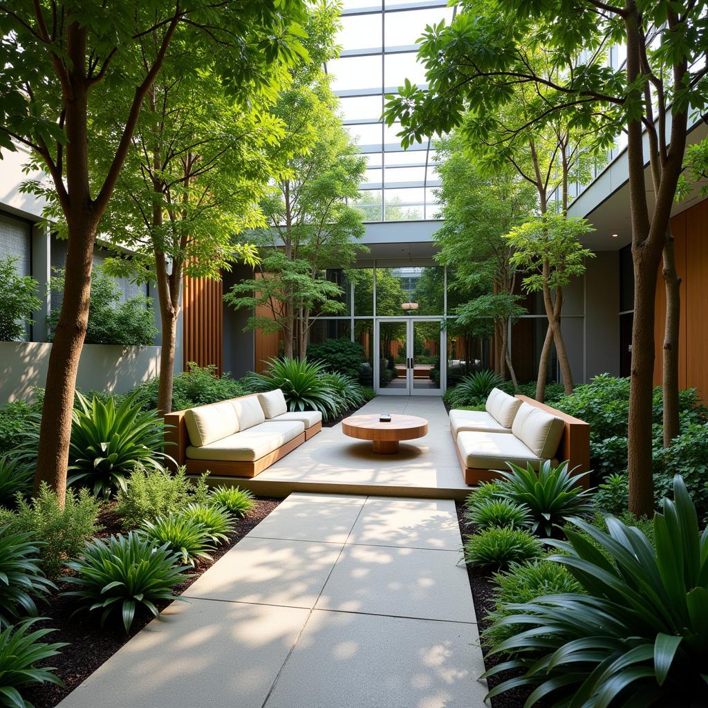 Relaxing garden area within an airport garden convention centre with comfortable seating and lush greenery.