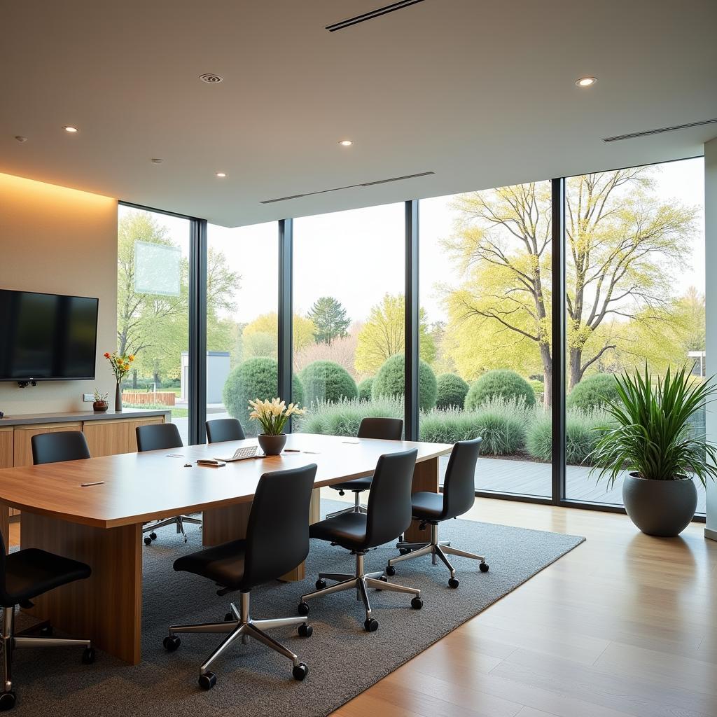 Modern, well-equipped meeting room inside an airport garden convention centre with natural light and views of the garden.